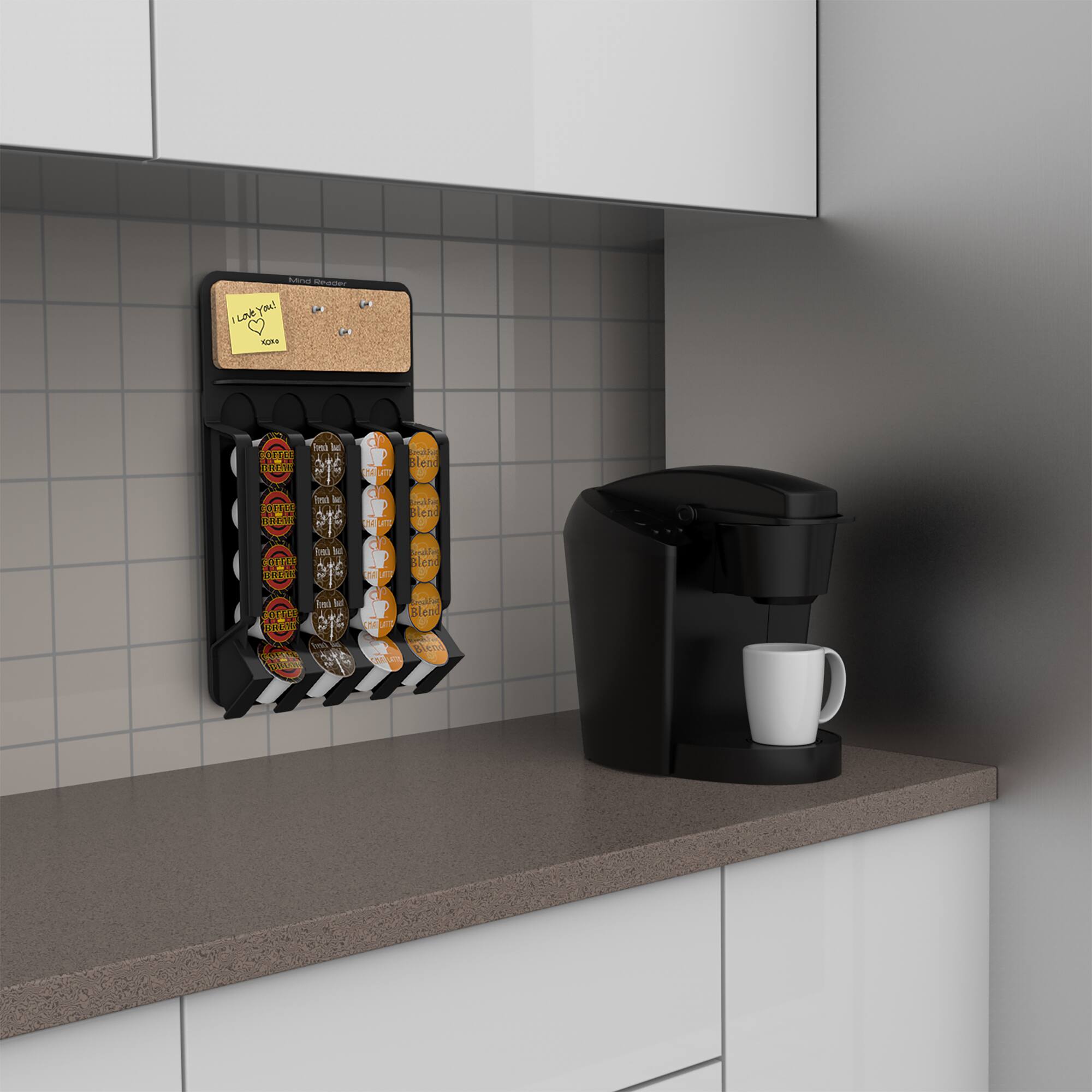 Mind Reader Black Wall-Mount Single Serve Coffee Pod Dispenser with Cork Top